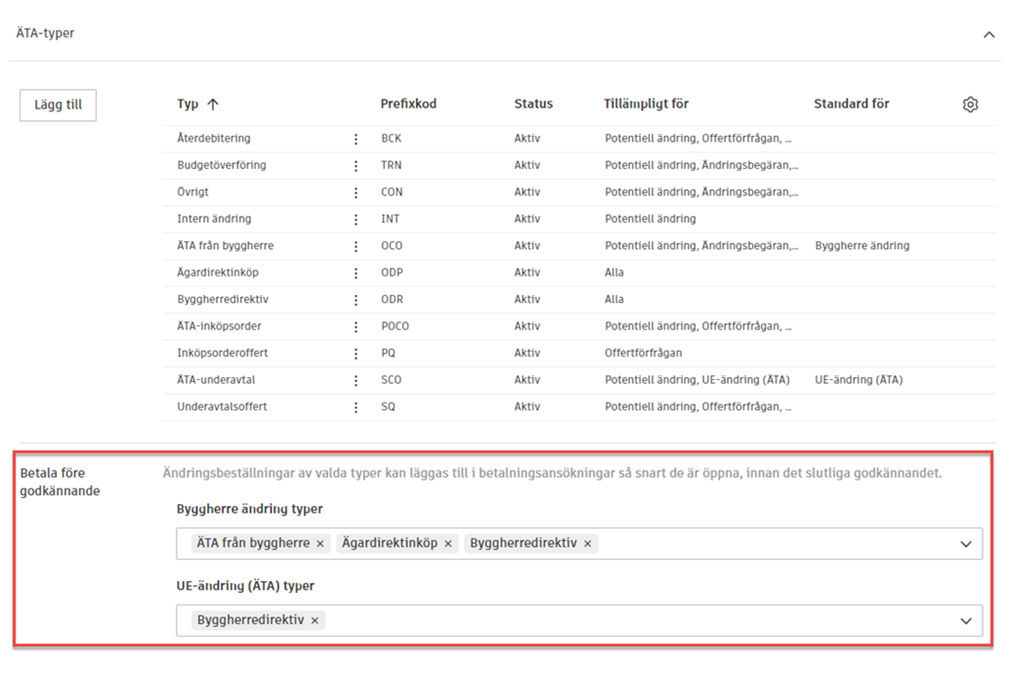 Inställningar för Betala före godkännande som visar listrutor för val av Byggherre Ändring (OCO)- och UE-Ändring (SCO - ÄTA)-typ