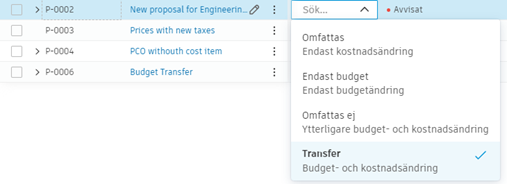Omfattningsanpassning för Potentiell Ändring (PCO) och kostnadsobjekt som visar namn- och beskrivningsfält med Övrigt ändrat till Överföring som exempel