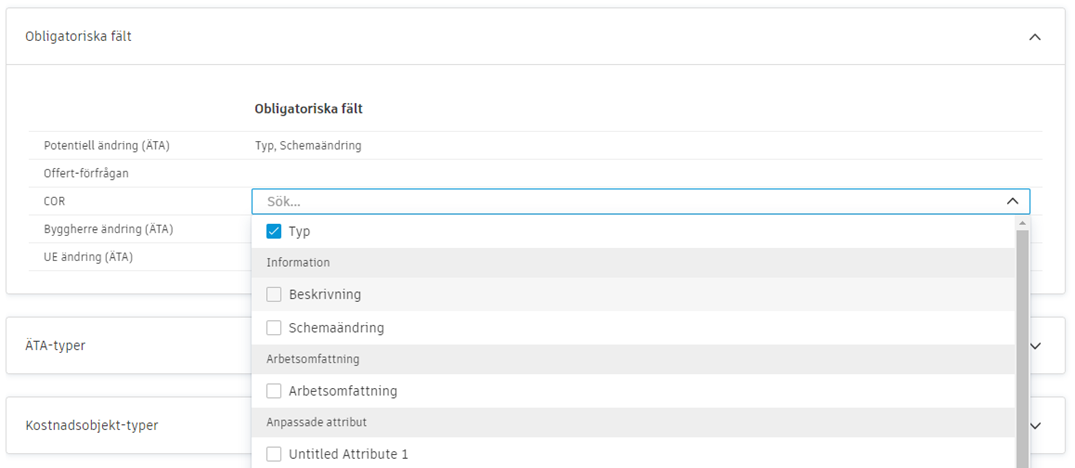Obligatoriska fält för konfiguration av ändringsbeställningar som visar listruteval för obligatoriska fält