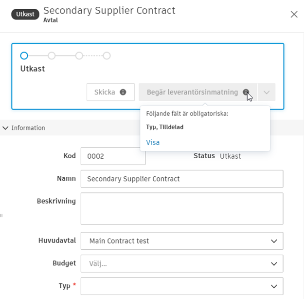 Obligatoriska fält för valideringsmeddelande för avtal
