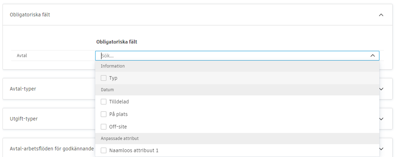 Obligatoriska fält för avtalskonfiguration