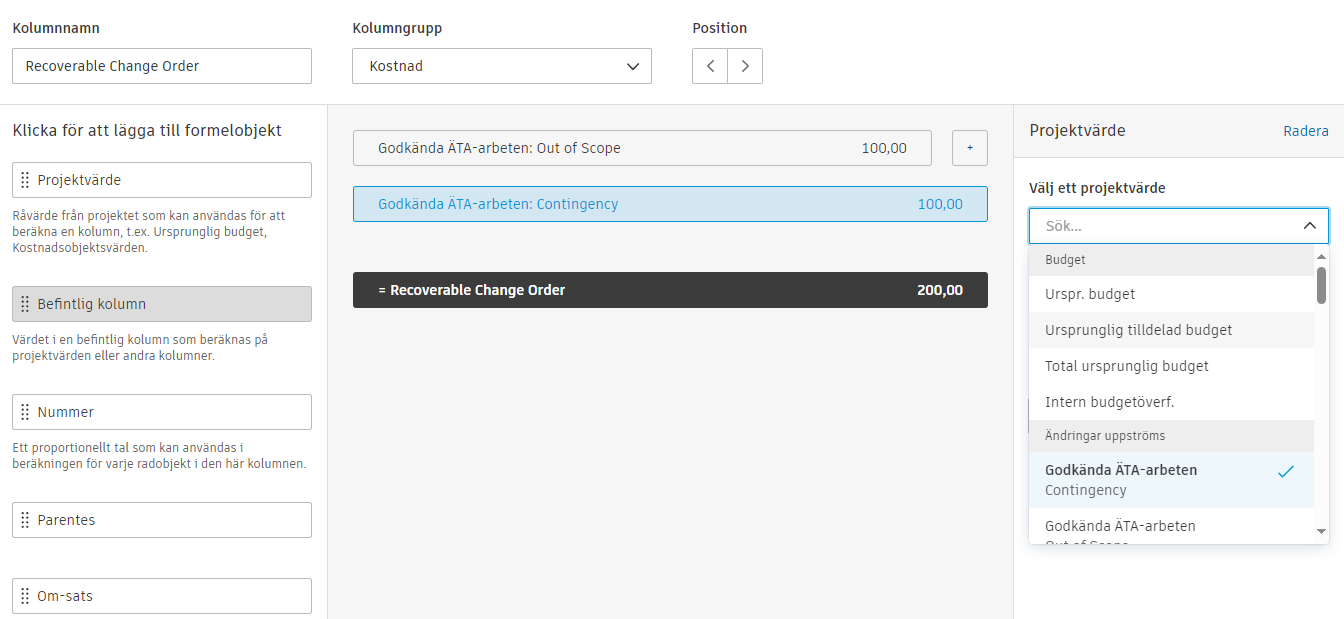 Höger sidopanel som visar värdeval