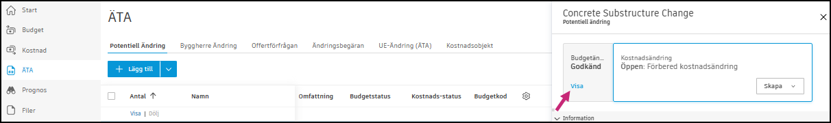 Fönstret Kostnadsändring som visar Offerförfrågan (RFQ) med statusen Godkänd