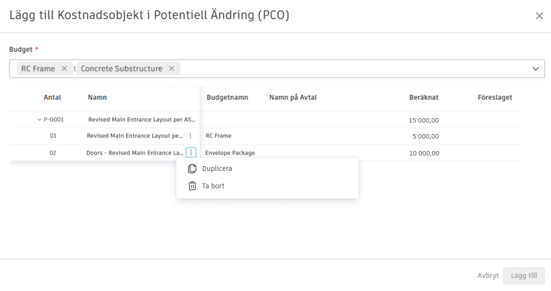 Lägg till kostnadsobjekt i Potentiell Ändring (PCO)-modal