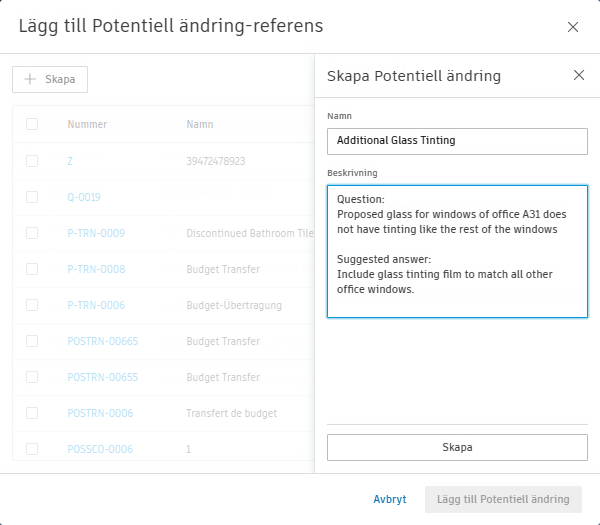 Lägga till Potentiell Ändring (PCO)-referens