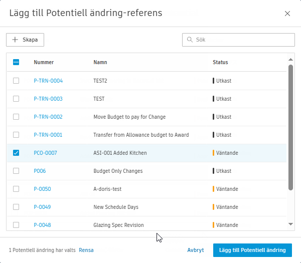Lägga till Potentiell Ändring (PCO)