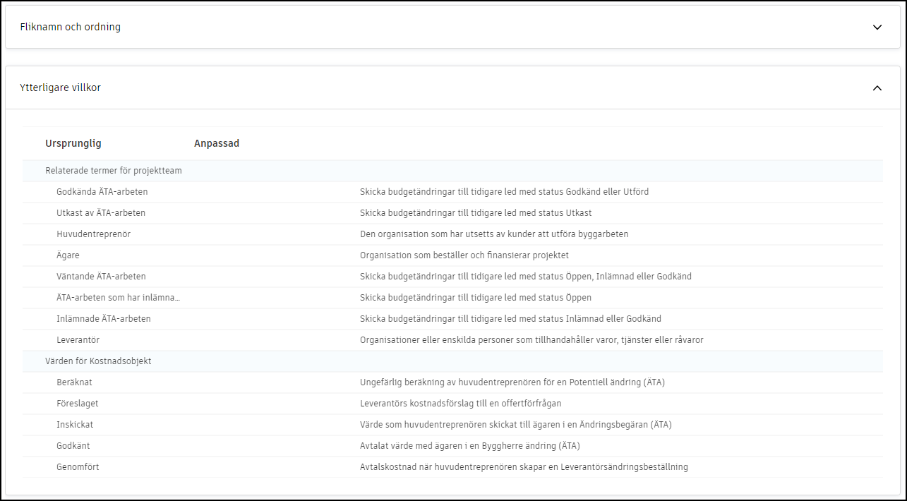 Skärmbild av ytterligare termer