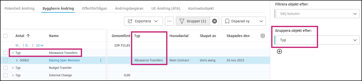 Byggherre Ändring (OCO) med typ av ersättningsöverföringar tillämpad