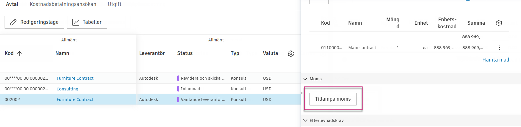 Panelen Tillämpa en momsuppgift