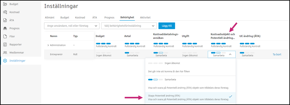 Behörighetsinställningar som visar Samarbete vid behörighet för ändringar nedströms för leverantörsroll
