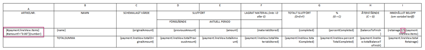 Exempel på villkorsuttryck för att ta bort tomma radobjekt från betalningsansökningar