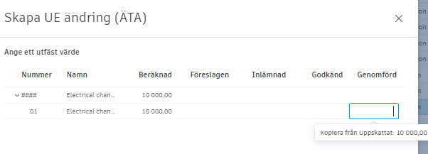 Knappen Kopiera kostnadsobjektsbelopp