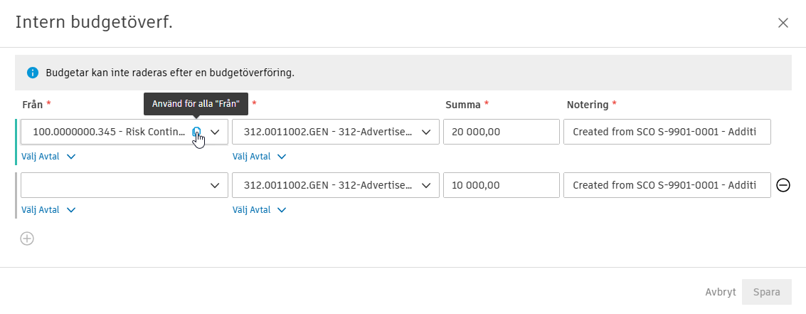 Exempel på knappen Kopiera till alla "Från"