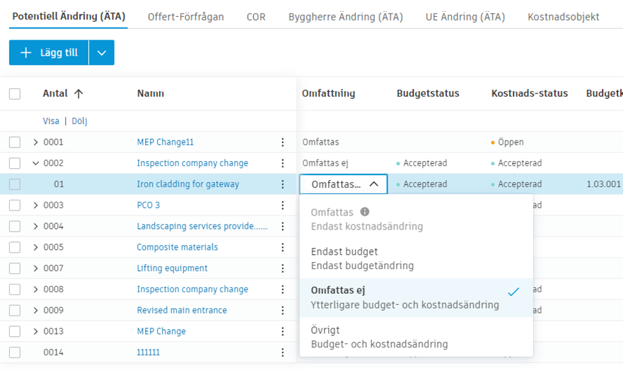 Kostnadsobjektsomfattning för ändringsbeställningar