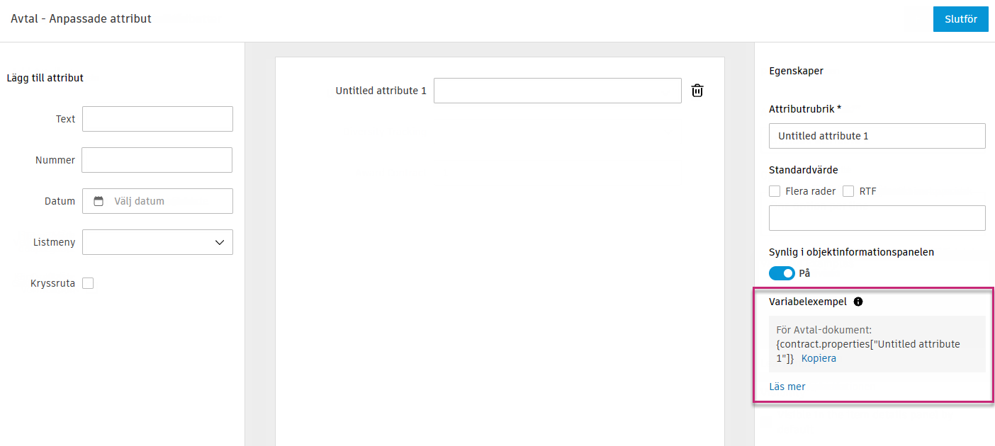 Egenskapspanelen för anpassade attribut visar fältet för variabelformat med exempel på syntax för dokumentmallar.