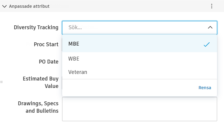En panel med avtalsinformation som visar listrutan för det anpassade attributet Mångfaldsspårning med valda värden
