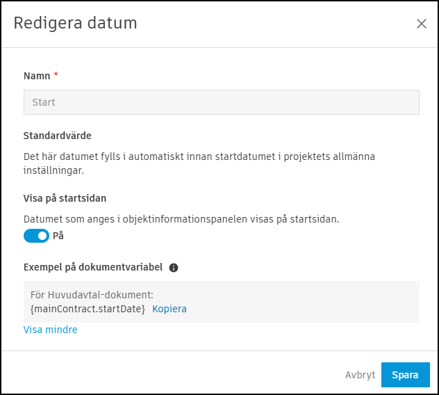 Redigera konfigurationspanel för datum
