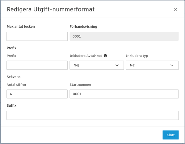 Dialogrutan Redigera utgiftsnummerformat