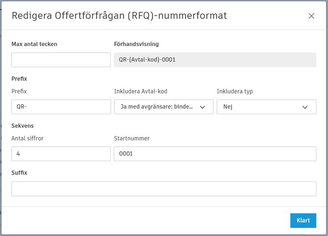 Dialogrutan Redigera nummerformat för RFQ