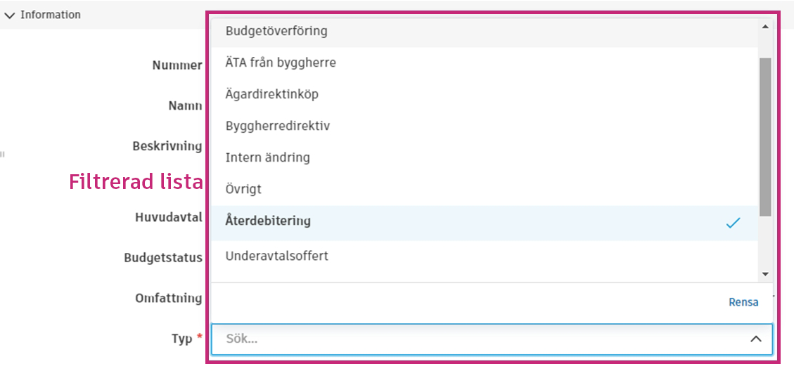 Filtrerad lista för ändringsbeställningstyp