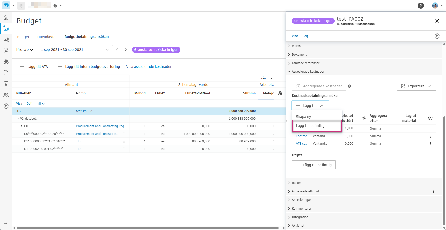 Budgetbetalningsansökan som visar associerade kostnader från GCPay