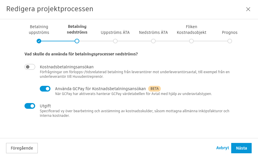 Avsnittet Betalning nedströms som visar reglage för GCPay-integrering