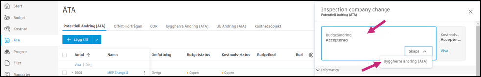 Knappen Skapa Byggherre Ändring (OCO) och gränssnittet för att skapa Byggherre Ändring (OCO)