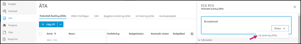 Knappen Skapa SCO och gränssnittet för att skapa ändringsbeställningar från underleverantör