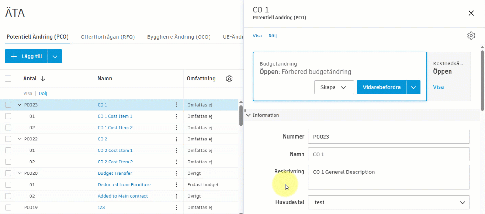 Flera Potentiella Ändringar (PCO) till Byggherre Ändringen (OCO)