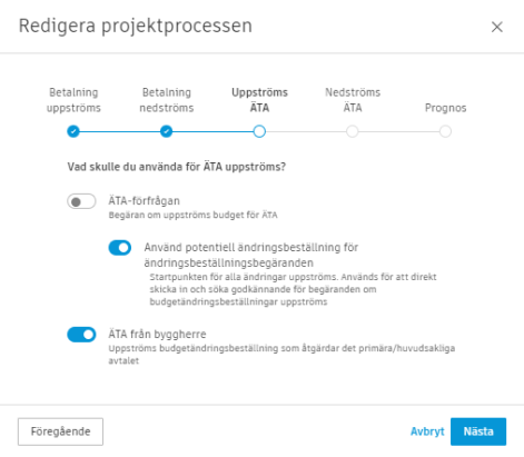 Avsnittet Ändringsbeställning uppströms som visar alternativet Potentiell Ändring (PCO) som Ändringsbegäran (COR) aktiverat