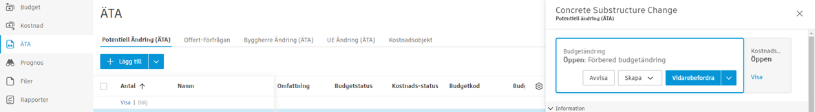 Gränssnitt för Potentiell Ändring (PCO)-skapande från fliken Ändringsbeställning