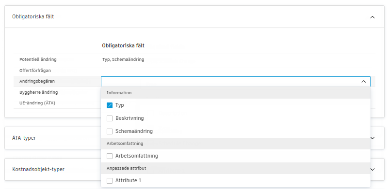 Obligatoriska fält för konfiguration av ändringsbeställningar