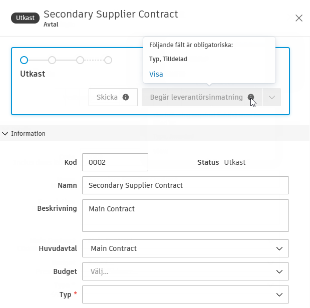 Obligatoriska fält för valideringsmeddelande för avtal