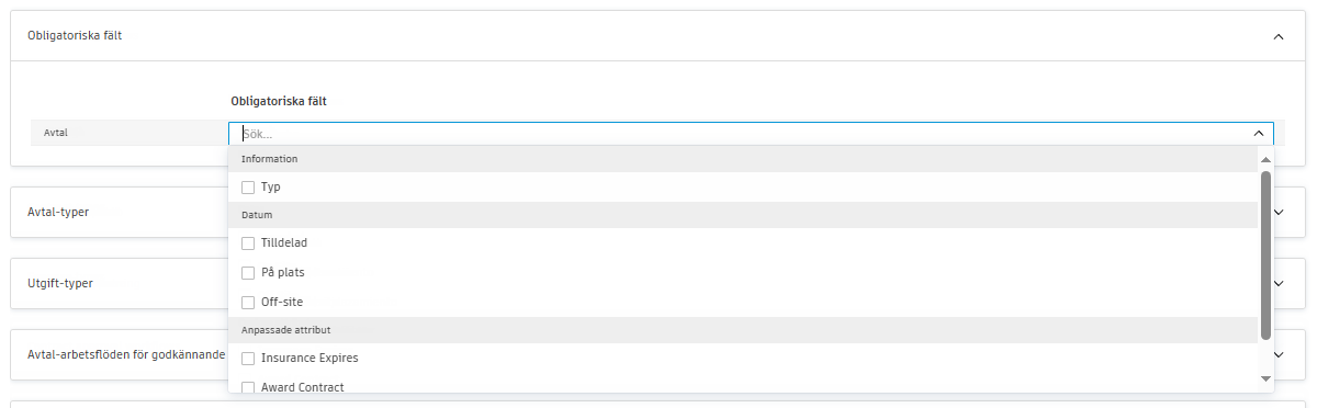 Obligatoriska fält för avtalskonfiguration