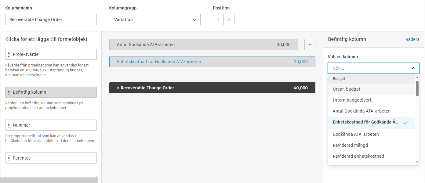 Skärmdump av den högra sidopanelen som visar val av värdetyp och ett förhandsgranskningsfält för inmatning av värde