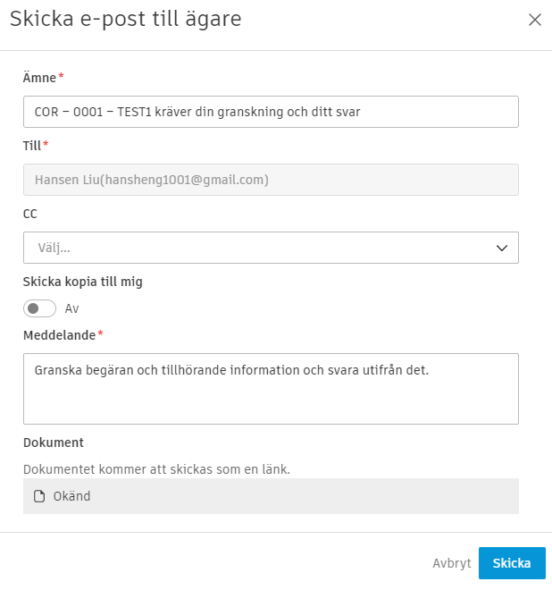 Exempel på skicka e-post till byggherre