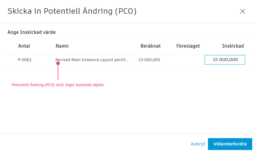 Skicka in Potentiell Ändring (PCO)-modal