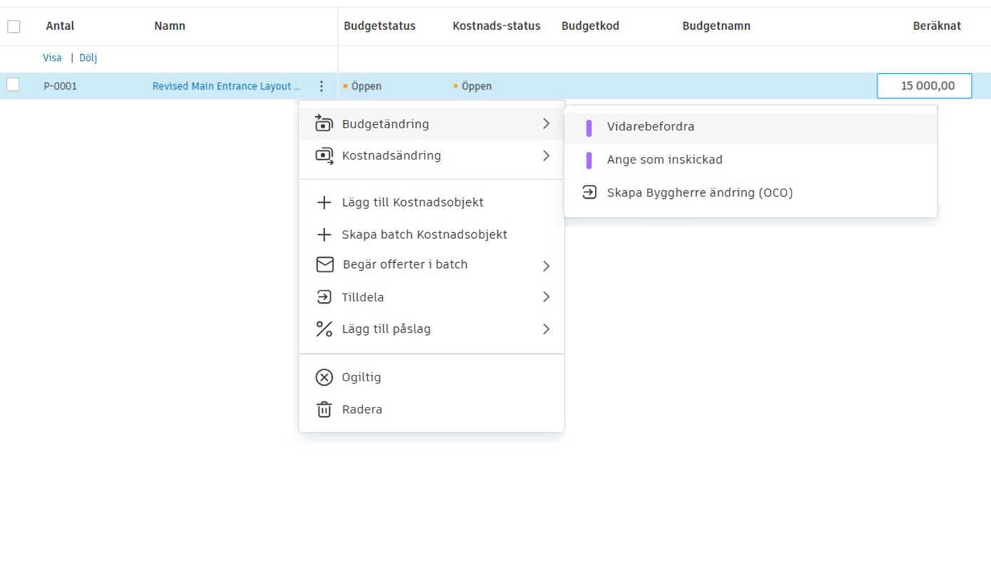 Skicka in Potentiell Ändring (PCO) utan kostnadsobjekt