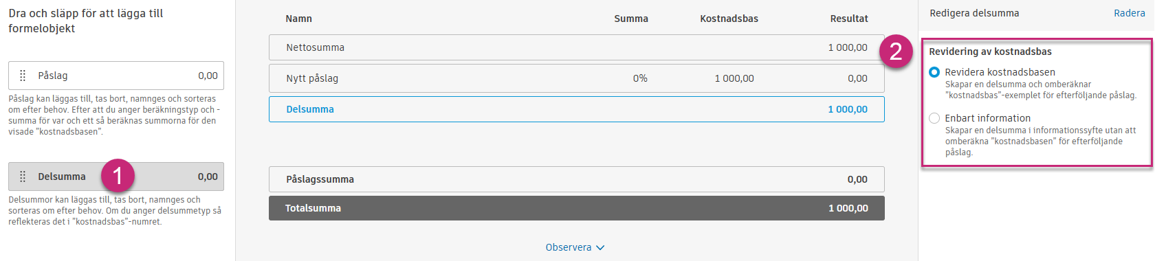 Inställningsalternativ för delsumma
