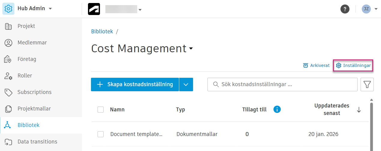 Cost Management i biblioteket som visar knappen Inställningar
