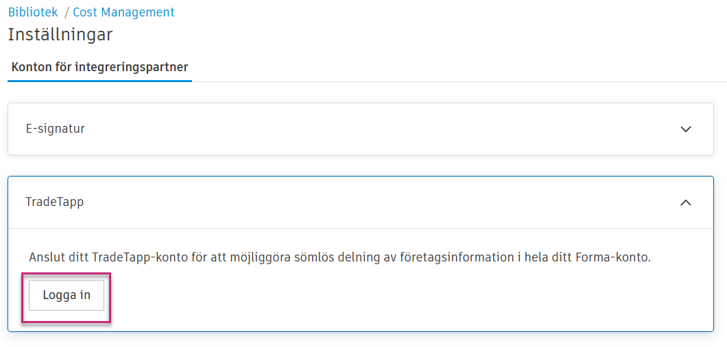 Inloggningsknapp för TradeTapp i integreringspartnerkonton