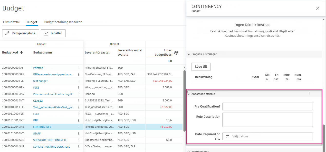 Informationspanel som visar avsnittet Anpassade attribut med flera attributfält för datainmatning