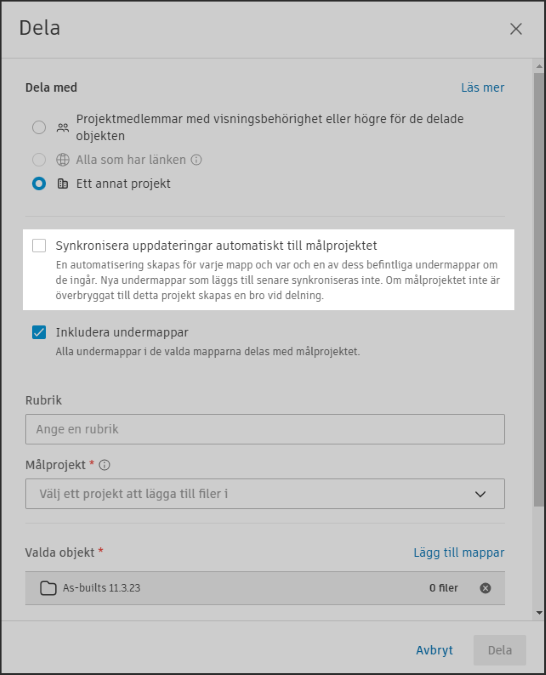 Dialogrutan för anteckning om att synkronisera uppdateringar automatiskt