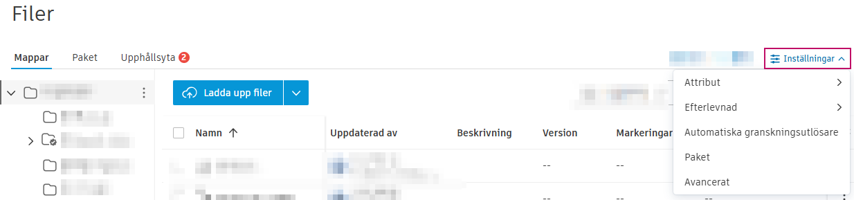 Huvudsidan för inställningar