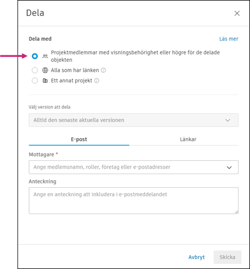 Dela-modal för att välja projektmedlemmar
