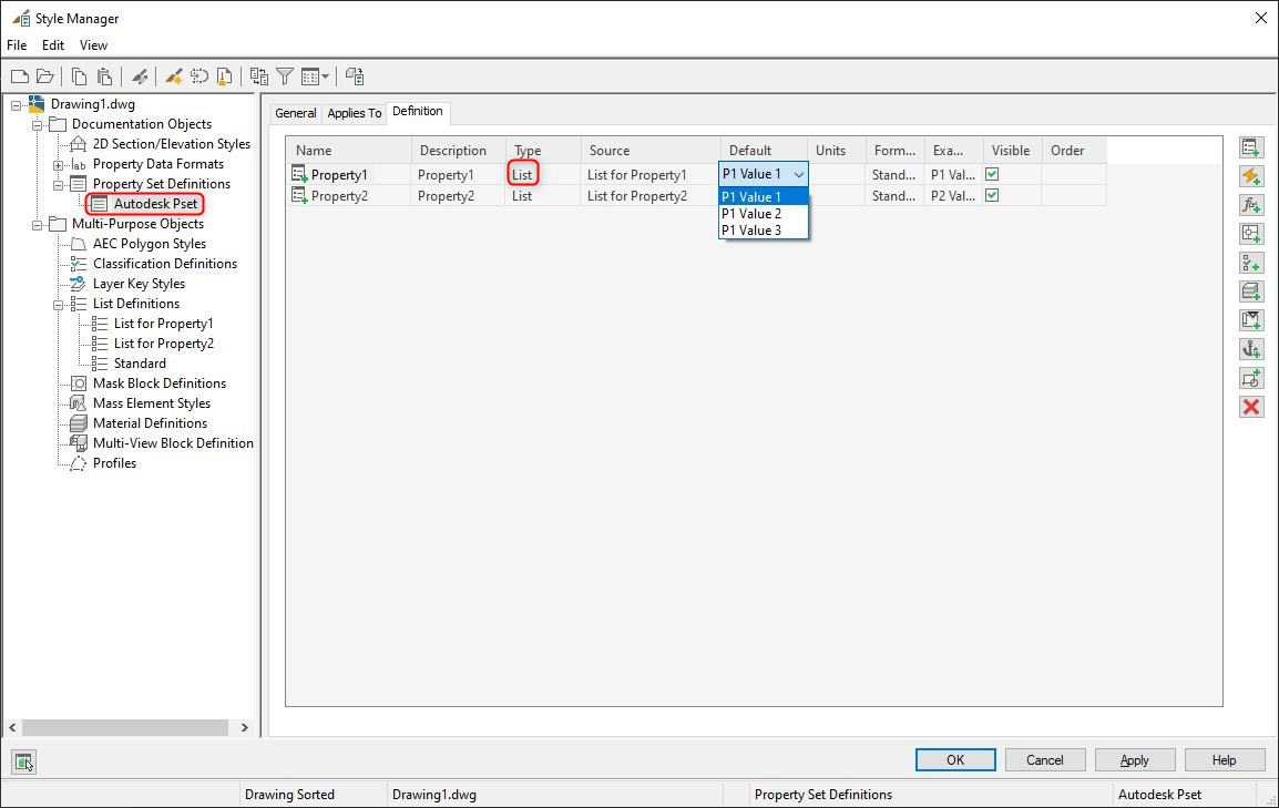 So erstellen Sie eine Liste mit Optionen für die Attribute in Civil 3D