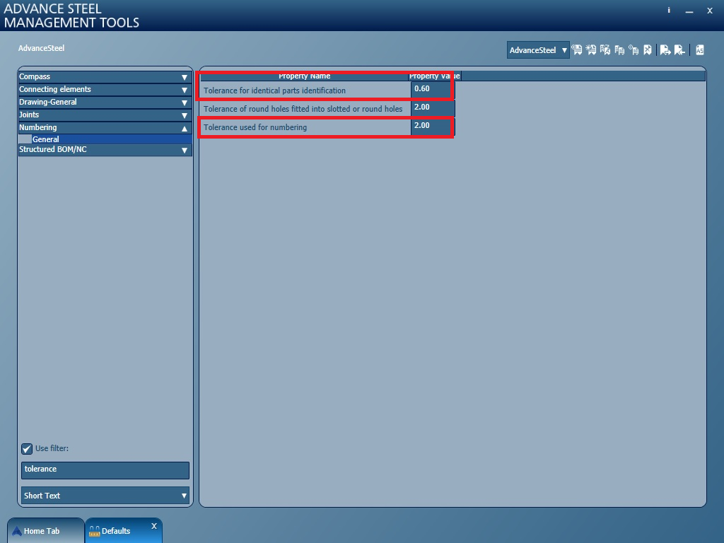 Tolerance parameters used for numbering in Advance Steel
