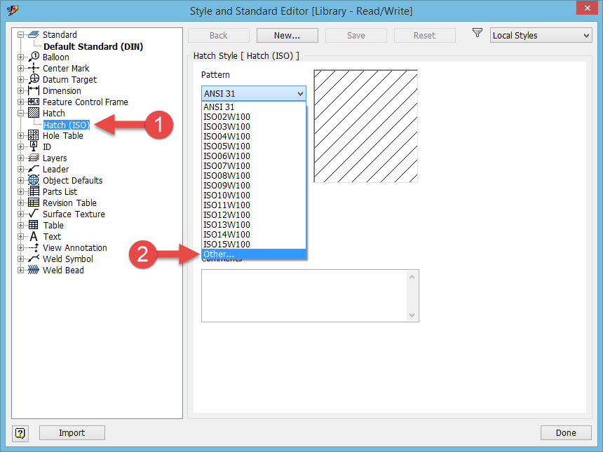 How to import custom hatch and use it for specific materials in Inventor