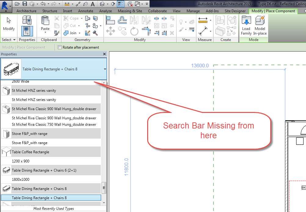 Search bar in Type Selector is missing in Revit 2015