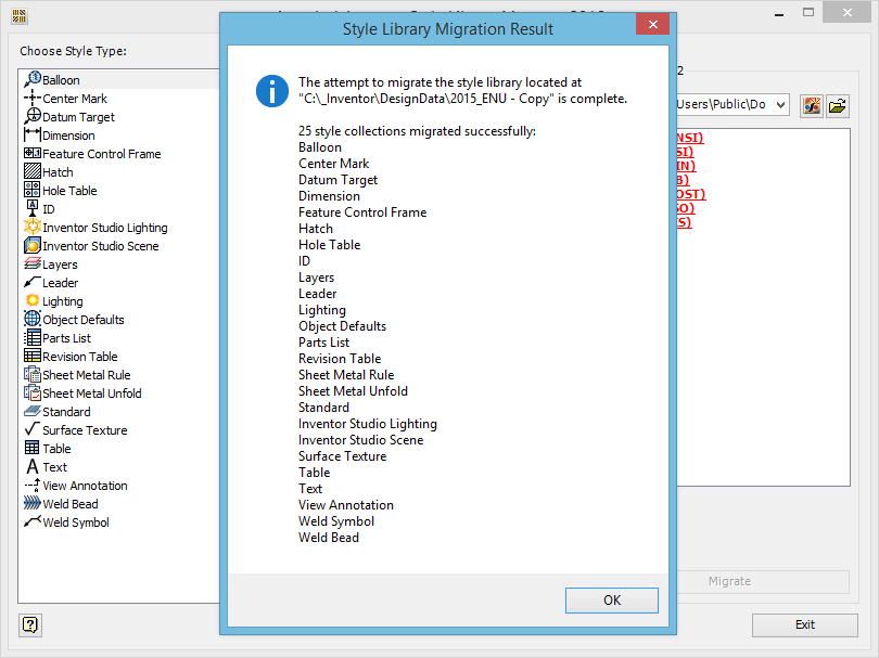 Inventor 2016 Migrate style library with Style Library Manager ends in